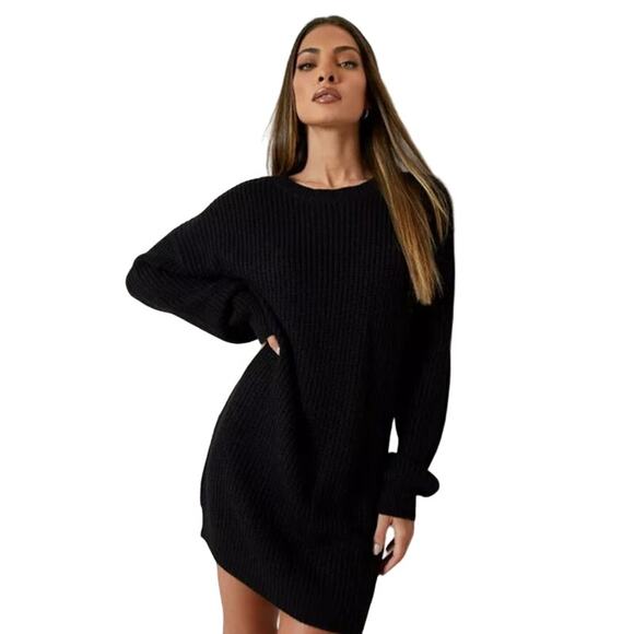 Boohoo Crewneck Sweater Dress Size 24 Black Chunky Knit Cozy and Comfort - Picture 1 of 6